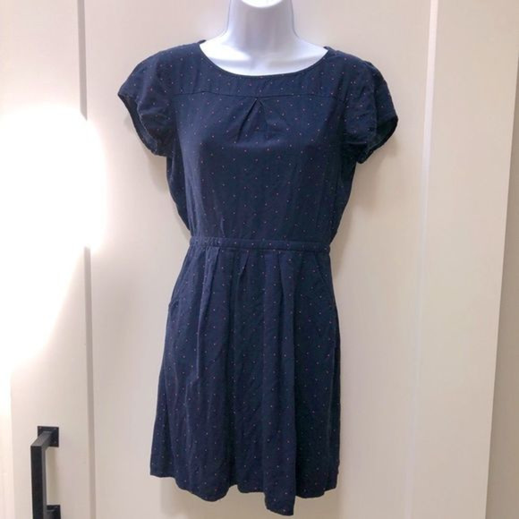 J.Crew cap sleeve navy pink polka dot dress tie waist and pockets woman’s size 0 - Picture 1 of 6